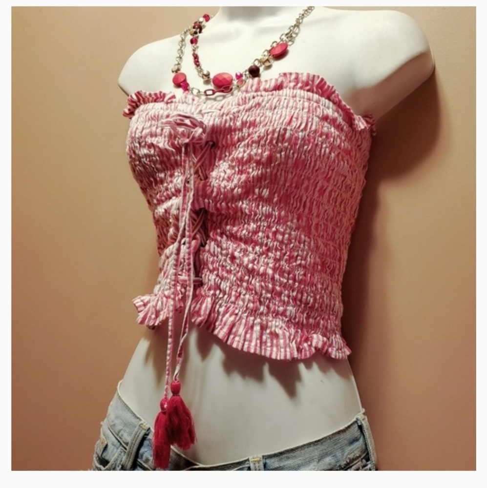Red White Stripe Festival Corsett Crop Top L - Picture 4 of 5